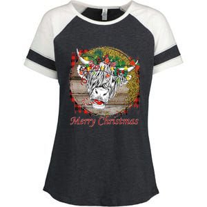 Cute Santa Highland Hairy Cow Merry Christmas Red Plaid Gift Enza Ladies Jersey Colorblock Tee