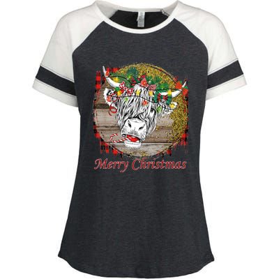 Cute Santa Highland Hairy Cow Merry Christmas Red Plaid Gift Enza Ladies Jersey Colorblock Tee