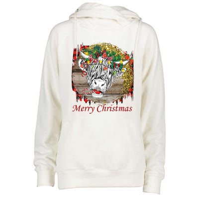 Cute Santa Highland Hairy Cow Merry Christmas Red Plaid Gift Womens Funnel Neck Pullover Hood