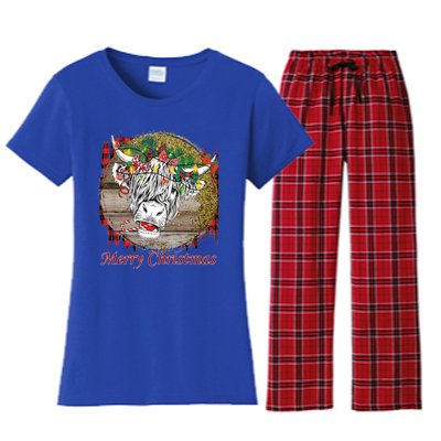 Cute Santa Highland Hairy Cow Merry Christmas Red Plaid Gift Women's Flannel Pajama Set