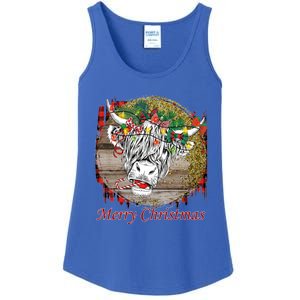 Cute Santa Highland Hairy Cow Merry Christmas Red Plaid Gift Ladies Essential Tank