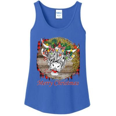 Cute Santa Highland Hairy Cow Merry Christmas Red Plaid Gift Ladies Essential Tank