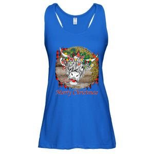 Cute Santa Highland Hairy Cow Merry Christmas Red Plaid Gift Ladies Essential Flowy Tank