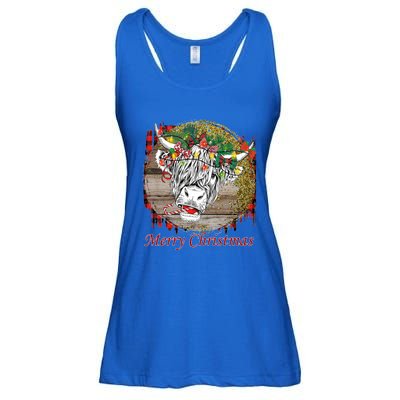 Cute Santa Highland Hairy Cow Merry Christmas Red Plaid Gift Ladies Essential Flowy Tank