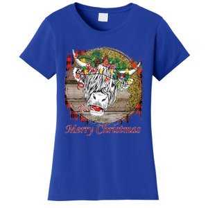 Cute Santa Highland Hairy Cow Merry Christmas Red Plaid Gift Women's T-Shirt