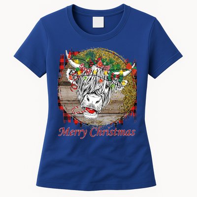 Cute Santa Highland Hairy Cow Merry Christmas Red Plaid Gift Women's T-Shirt