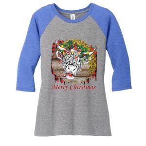 Cute Santa Highland Hairy Cow Merry Christmas Red Plaid Gift Women's Tri-Blend 3/4-Sleeve Raglan Shirt