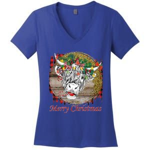 Cute Santa Highland Hairy Cow Merry Christmas Red Plaid Gift Women's V-Neck T-Shirt