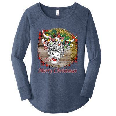 Cute Santa Highland Hairy Cow Merry Christmas Red Plaid Gift Women's Perfect Tri Tunic Long Sleeve Shirt