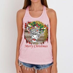 Cute Santa Highland Hairy Cow Merry Christmas Red Plaid Gift Women's Knotted Racerback Tank