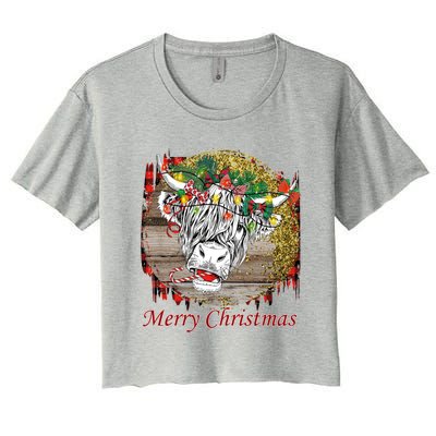 Cute Santa Highland Hairy Cow Merry Christmas Red Plaid Gift Women's Crop Top Tee