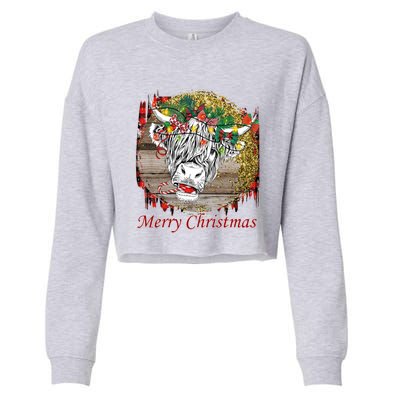 Cute Santa Highland Hairy Cow Merry Christmas Red Plaid Gift Cropped Pullover Crew