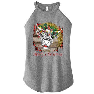 Cute Santa Highland Hairy Cow Merry Christmas Red Plaid Gift Women's Perfect Tri Rocker Tank