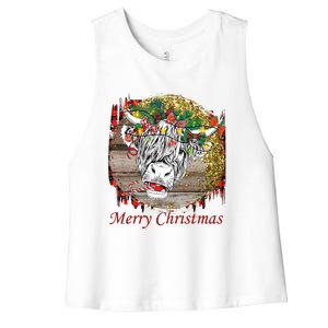 Cute Santa Highland Hairy Cow Merry Christmas Red Plaid Gift Women's Racerback Cropped Tank