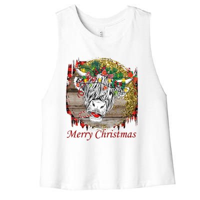 Cute Santa Highland Hairy Cow Merry Christmas Red Plaid Gift Women's Racerback Cropped Tank