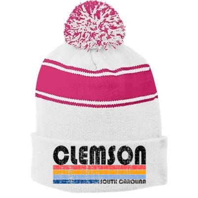 Clemson Sc Hometown Pride Retro 70s 80s Style Stripe Pom Pom Beanie