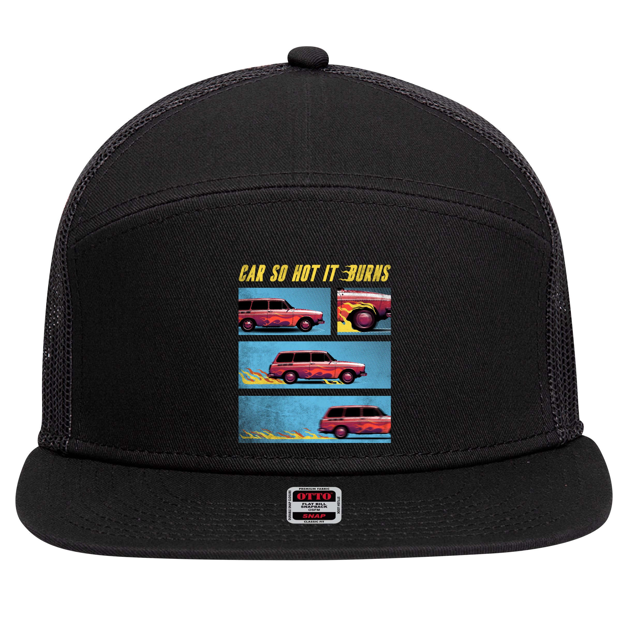 Car So Hot It Burns Comic 7 Panel Mesh Trucker Snapback Hat