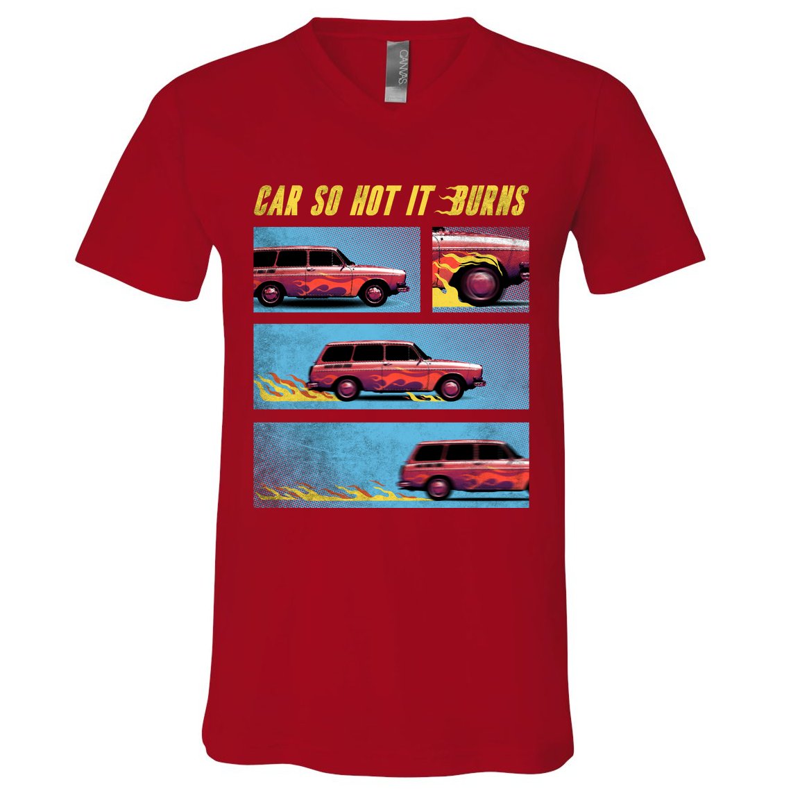 Car So Hot It Burns Comic V-Neck T-Shirt