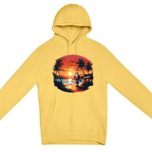 Cool Sunset Holiday Under Palm Trees With Santa And Xmas Funny Gift Premium Pullover Hoodie