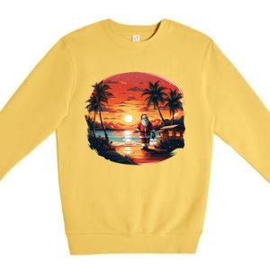 Cool Sunset Holiday Under Palm Trees With Santa And Xmas Funny Gift Premium Crewneck Sweatshirt