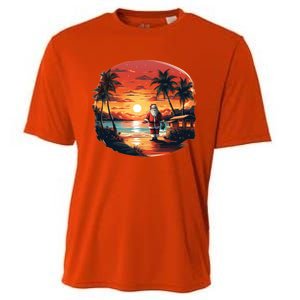 Cool Sunset Holiday Under Palm Trees With Santa And Xmas Funny Gift Cooling Performance Crew T-Shirt