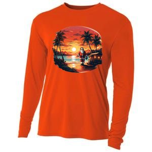 Cool Sunset Holiday Under Palm Trees With Santa And Xmas Funny Gift Cooling Performance Long Sleeve Crew