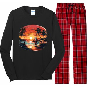 Cool Sunset Holiday Under Palm Trees With Santa And Xmas Funny Gift Long Sleeve Pajama Set