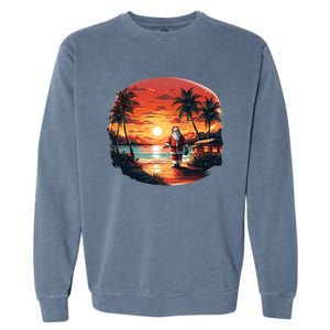 Cool Sunset Holiday Under Palm Trees With Santa And Xmas Funny Gift Garment-Dyed Sweatshirt