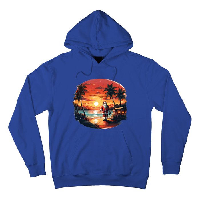 Cool Sunset Holiday Under Palm Trees With Santa And Xmas Funny Gift Hoodie