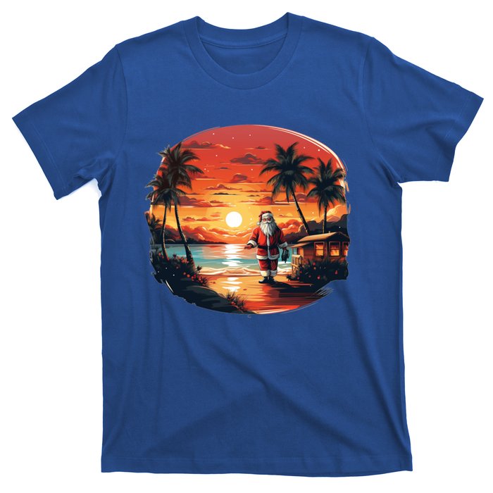 Cool Sunset Holiday Under Palm Trees With Santa And Xmas Funny Gift T-Shirt