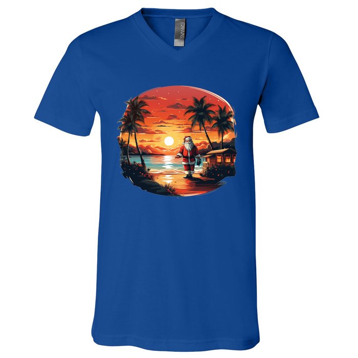 Cool Sunset Holiday Under Palm Trees With Santa And Xmas Funny Gift V-Neck T-Shirt