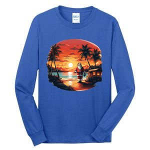 Cool Sunset Holiday Under Palm Trees With Santa And Xmas Funny Gift Tall Long Sleeve T-Shirt