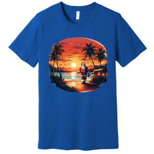 Cool Sunset Holiday Under Palm Trees With Santa And Xmas Funny Gift Premium T-Shirt