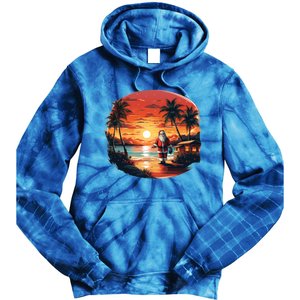 Cool Sunset Holiday Under Palm Trees With Santa And Xmas Funny Gift Tie Dye Hoodie