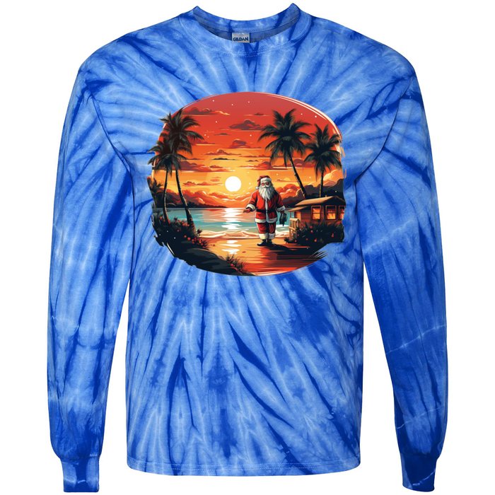 Cool Sunset Holiday Under Palm Trees With Santa And Xmas Funny Gift Tie-Dye Long Sleeve Shirt