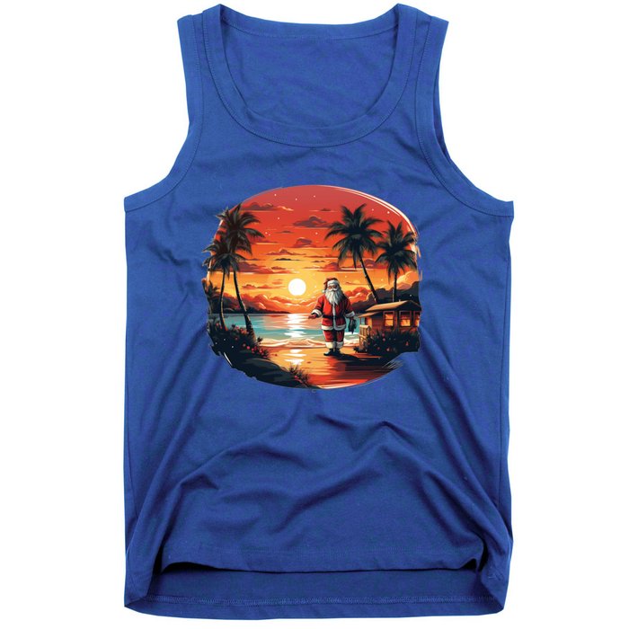 Cool Sunset Holiday Under Palm Trees With Santa And Xmas Funny Gift Tank Top