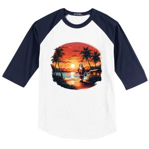 Cool Sunset Holiday Under Palm Trees With Santa And Xmas Funny Gift Baseball Sleeve Shirt