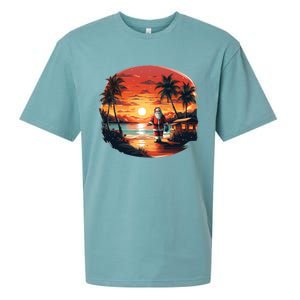 Cool Sunset Holiday Under Palm Trees With Santa And Xmas Funny Gift Sueded Cloud Jersey T-Shirt