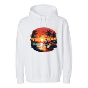 Cool Sunset Holiday Under Palm Trees With Santa And Xmas Funny Gift Garment-Dyed Fleece Hoodie