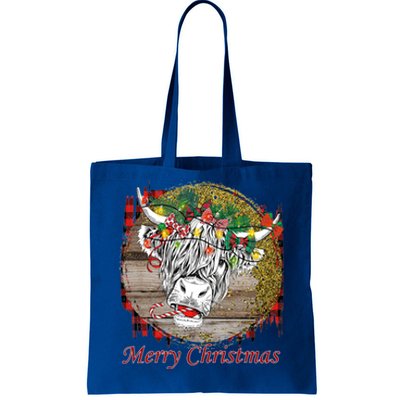 Cute Santa Highland Hairy Cow Merry Christmas Red Plaid Gift Tote Bag