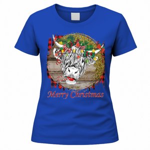 Cute Santa Highland Hairy Cow Merry Christmas Red Plaid Gift Women's T-Shirt