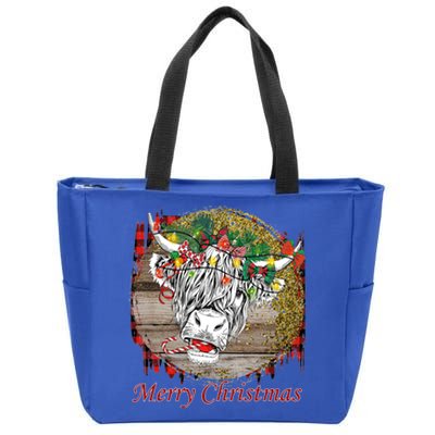 Cute Santa Highland Hairy Cow Merry Christmas Red Plaid Gift Zip Tote Bag