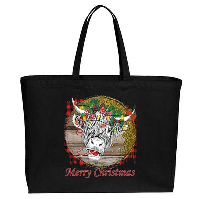 Cute Santa Highland Hairy Cow Merry Christmas Red Plaid Gift Cotton Canvas Jumbo Tote