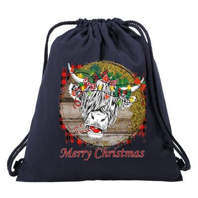 Cute Santa Highland Hairy Cow Merry Christmas Red Plaid Gift Drawstring Bag