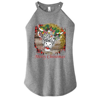 Cute Santa Highland Hairy Cow Merry Christmas Red Plaid Gift Women’s Perfect Tri Rocker Tank