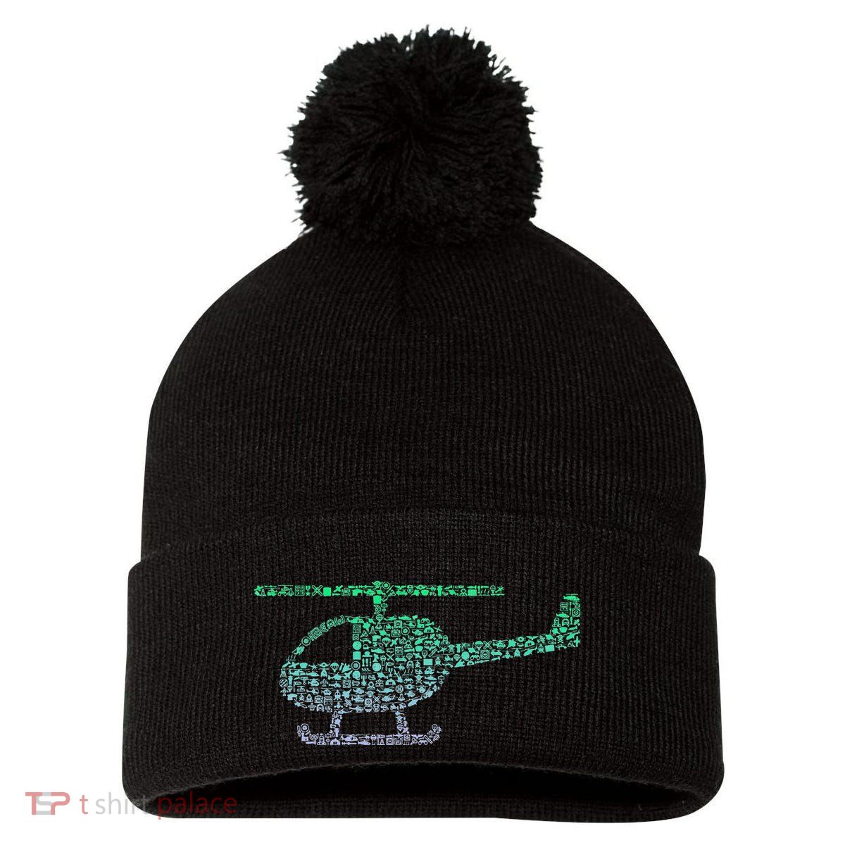 Chopper Silhouette Helicopter Pilot Helicopter Pom Pom 12in Knit Beanie
