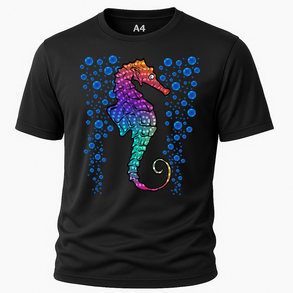 Colorful Sea Horse Print Ocean Cooling Performance Crew T-Shirt