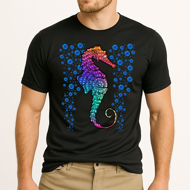 Colorful Sea Horse Print Ocean Cooling Performance Crew T-Shirt