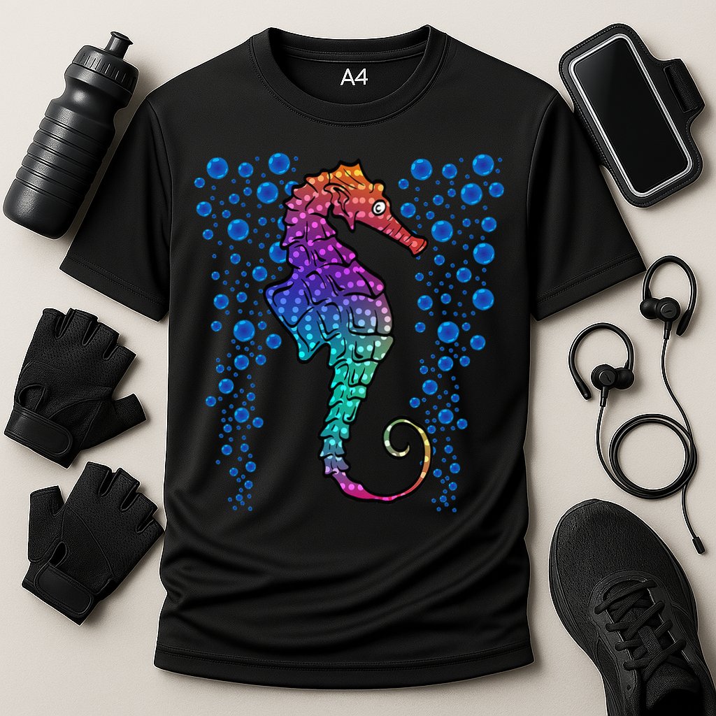 Colorful Sea Horse Print Ocean Cooling Performance Crew T-Shirt