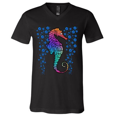 Colorful Sea Horse Print Ocean V-Neck T-Shirt